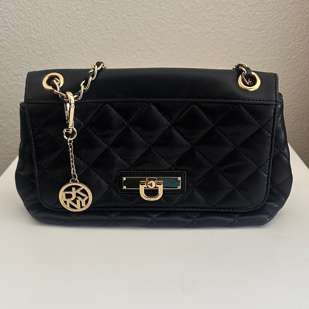 DKNY Black Quilted Shoulder Bag with Gold Details